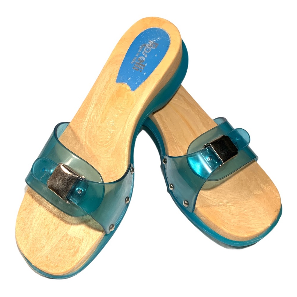 ROSELLI ITALY Wood Low Wedge Sandal with clear plastic Buckle Shoes